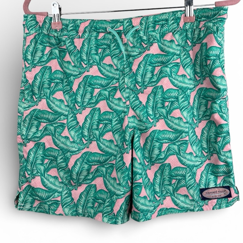 Vineyard Vines Boys Medium Green and Pink Leaf Print Swim Shorts Vacation Beach